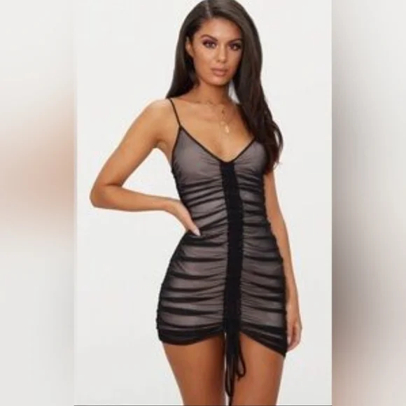 PrettyLittleThing | Dresses | Pretty Little Things Black Mesh Ruched  Bodycon Dress Size 2 Nwt | Poshmark